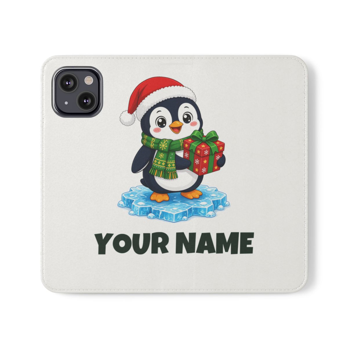SV mockup: Personalised Flip Wallet Phone Case, Your Design or Ours, shown with our Penguin With A Present design and YOUR NAME