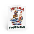 SV mockup: Personalised Folded Greeting Card, Your Design or Ours, shown with our Surfing Kangaroo Christmas design and YOUR NAME