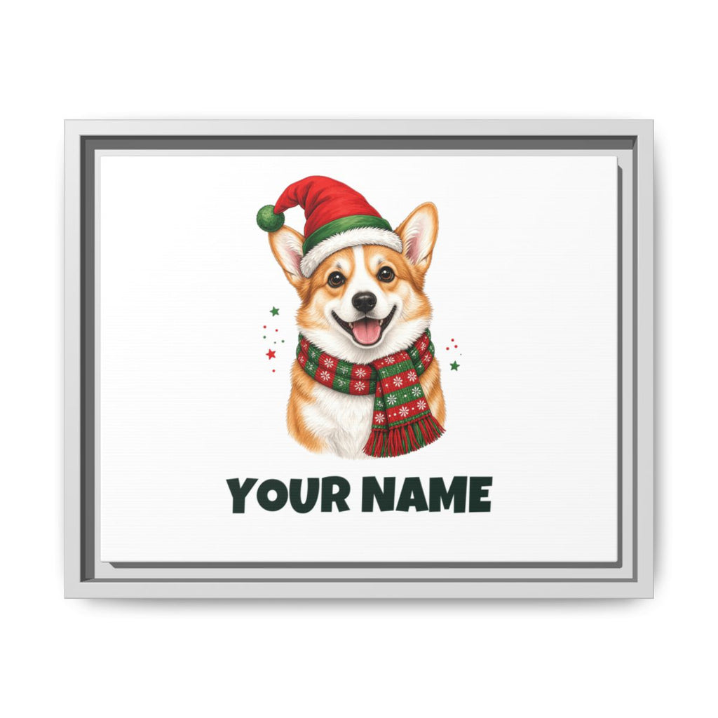 SV mockup: Personalised Framed Canvas, Your Design or Ours, shown with our Festive Corgi Santa Hat design and YOUR NAME