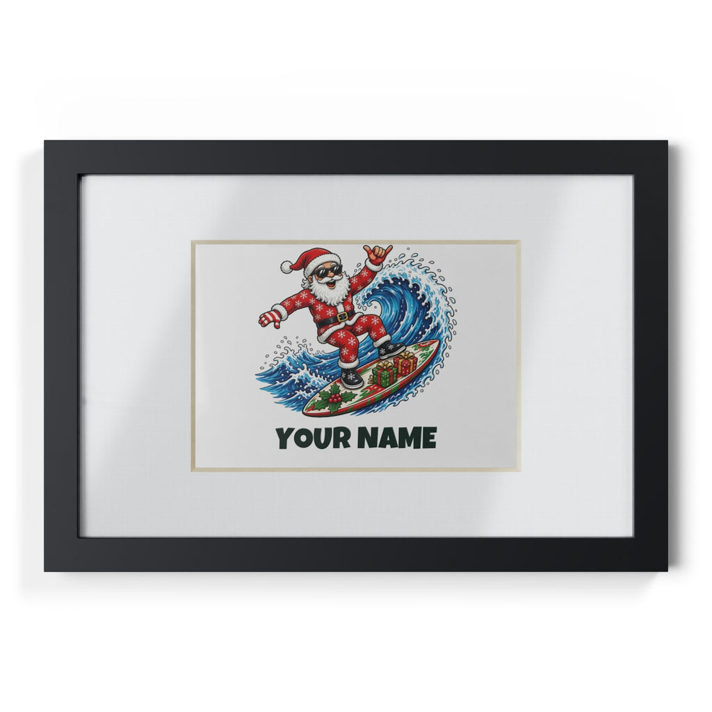SV mockup: Personalised Framed Poster, Your Design or Ours, shown with our Surfing Santa Hang Loose design and YOUR NAME