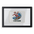SV mockup: Personalised Framed Poster, Your Design or Ours, shown with our Surfing Santa Hang Loose design and YOUR NAME