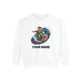SV mockup: Personalised Garment Dyed Jumper, Your Design or Ours, shown with our Elf Surfing The Lights design and YOUR NAME