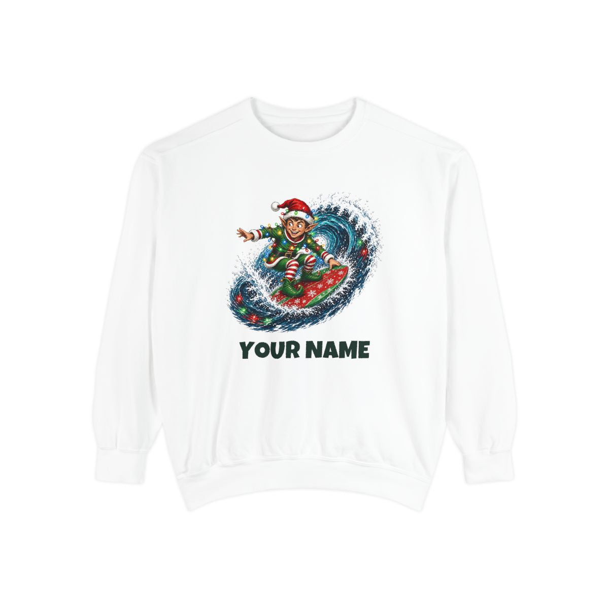 SV mockup: Personalised Garment Dyed Jumper, Your Design or Ours, shown with our Elf Surfing The Lights design and YOUR NAME