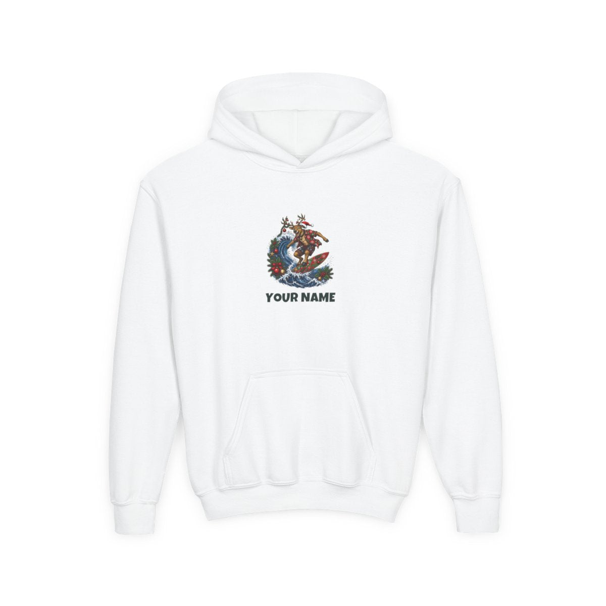 SV mockup: Personalised Kids Hoodie, Your Design or Ours, shown with our Reindeer On A Longboard design and YOUR NAME