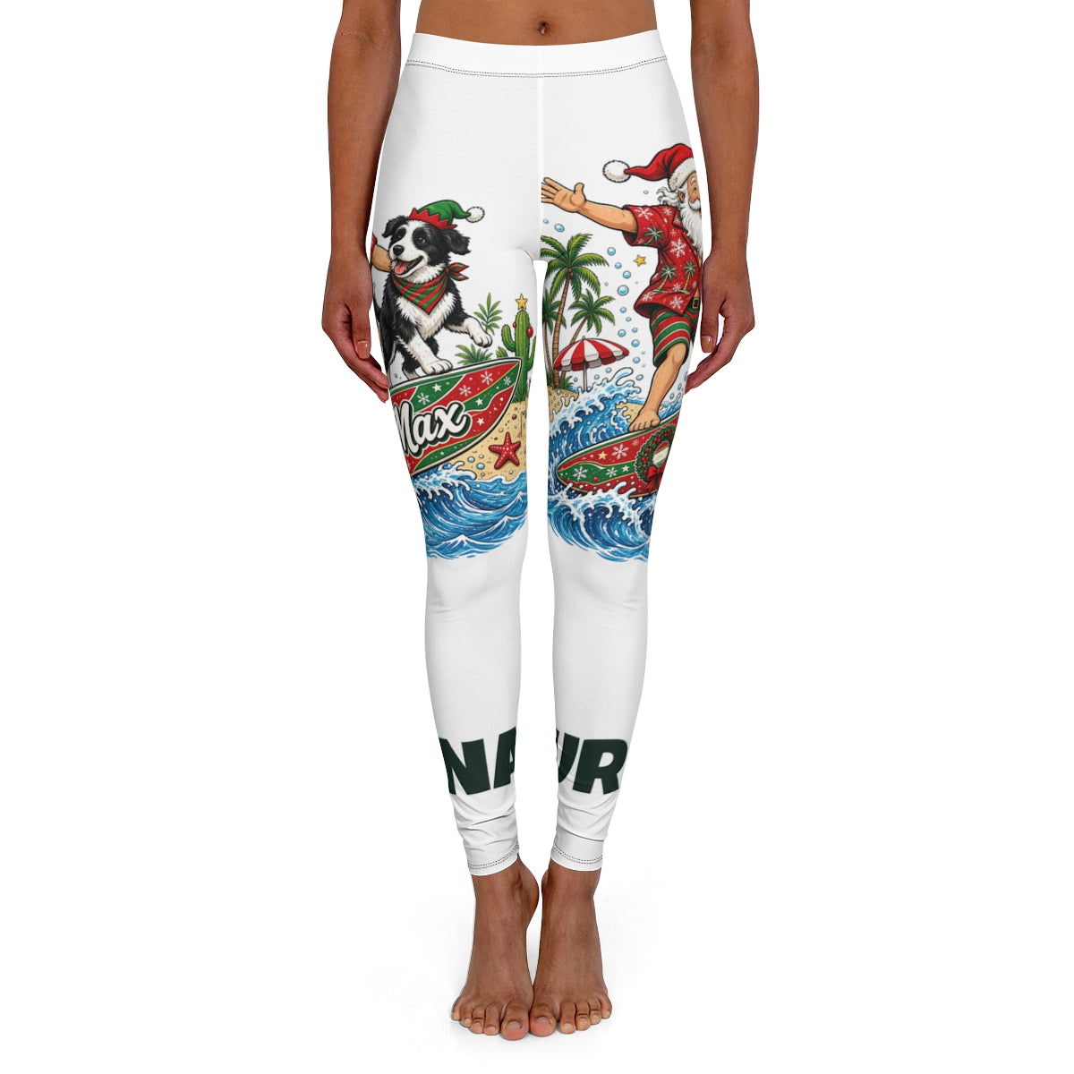 SV mockup: Personalised Leggings, Your Design or Ours, shown with our Santa And The Dog On Tour design and YOUR NAME