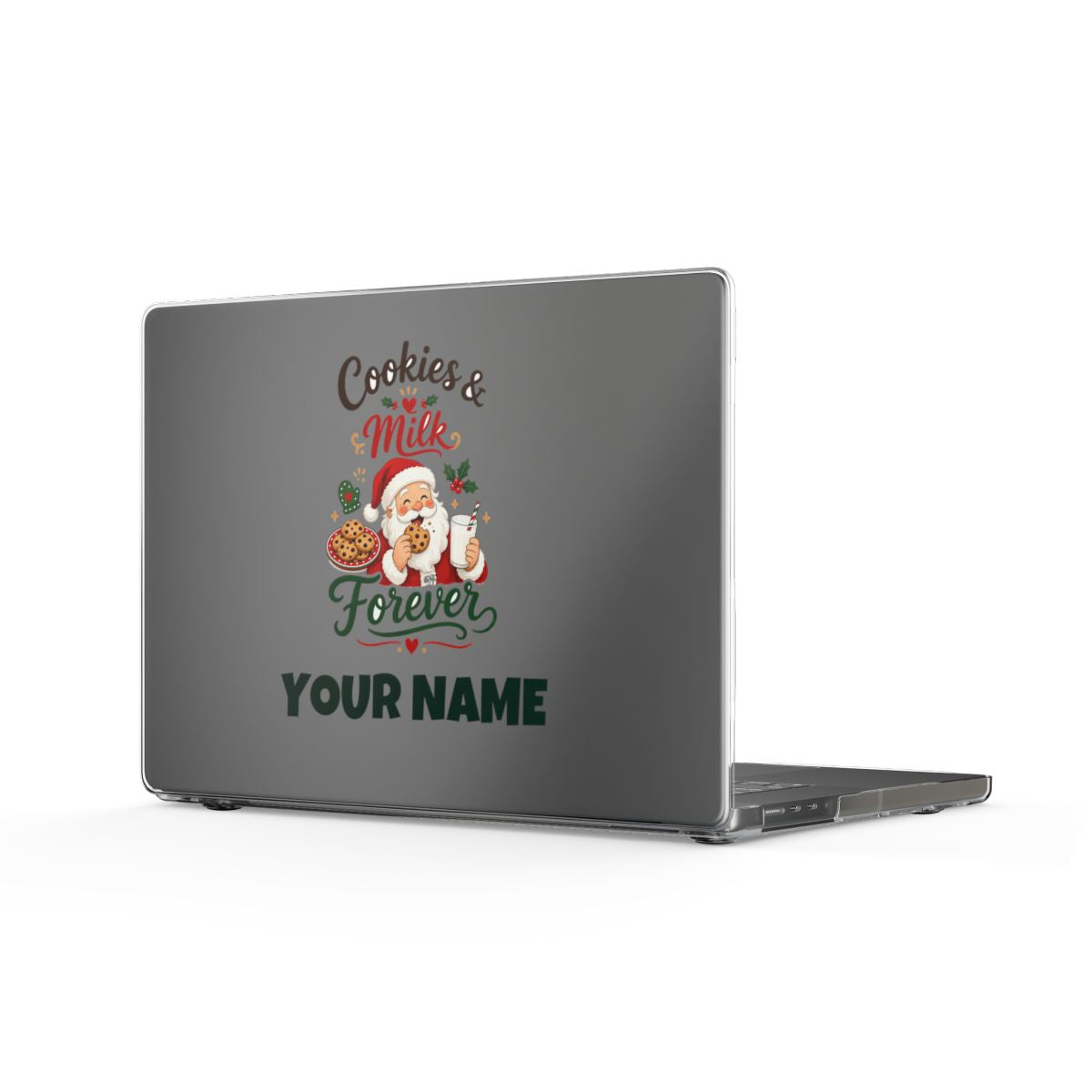 SV mockup: Personalised MacBook Case, Your Design or Ours, shown with our Cookies And Milk Santa design and YOUR NAME
