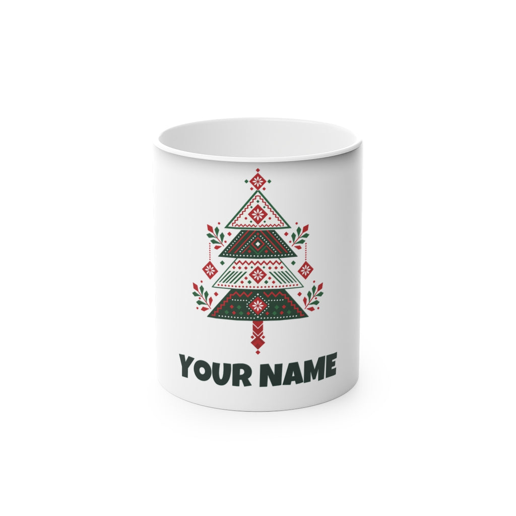 SV mockup: Personalised Magic Colour Change Mug, Your Design or Ours, shown with our Nordic Folk Christmas Tree design and YOUR NAME