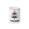 SV mockup: Personalised Magic Colour Change Mug, Your Design or Ours, shown with our Nordic Folk Christmas Tree design and YOUR NAME