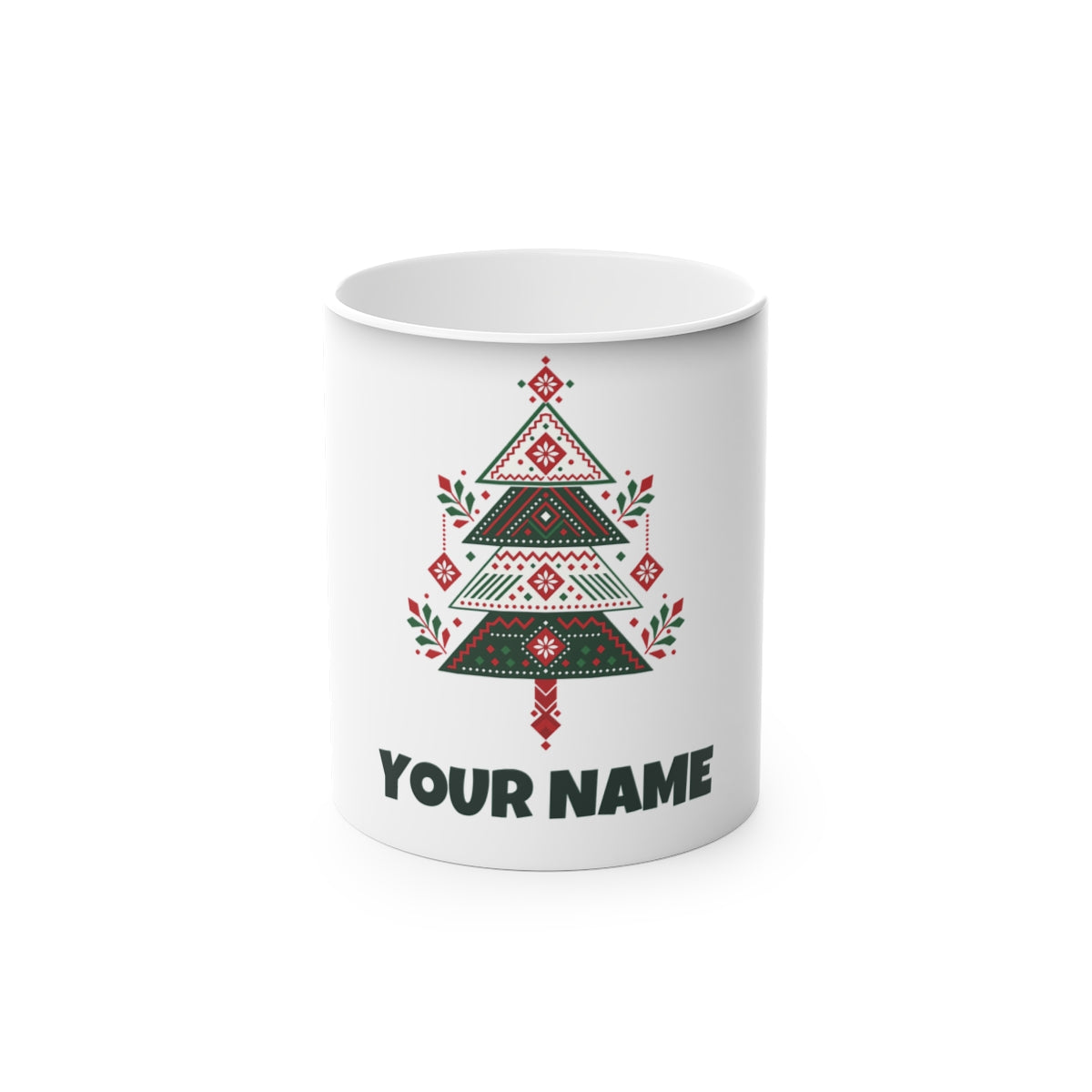 SV mockup: Personalised Magic Colour Change Mug, Your Design or Ours, shown with our Nordic Folk Christmas Tree design and YOUR NAME