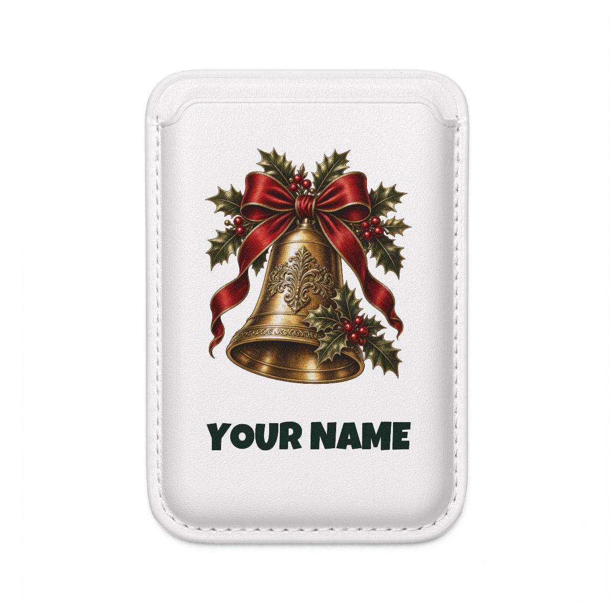SV mockup: Personalised MagSafe Wallet, Your Design or Ours, shown with our Golden Bell And Holly design and YOUR NAME
