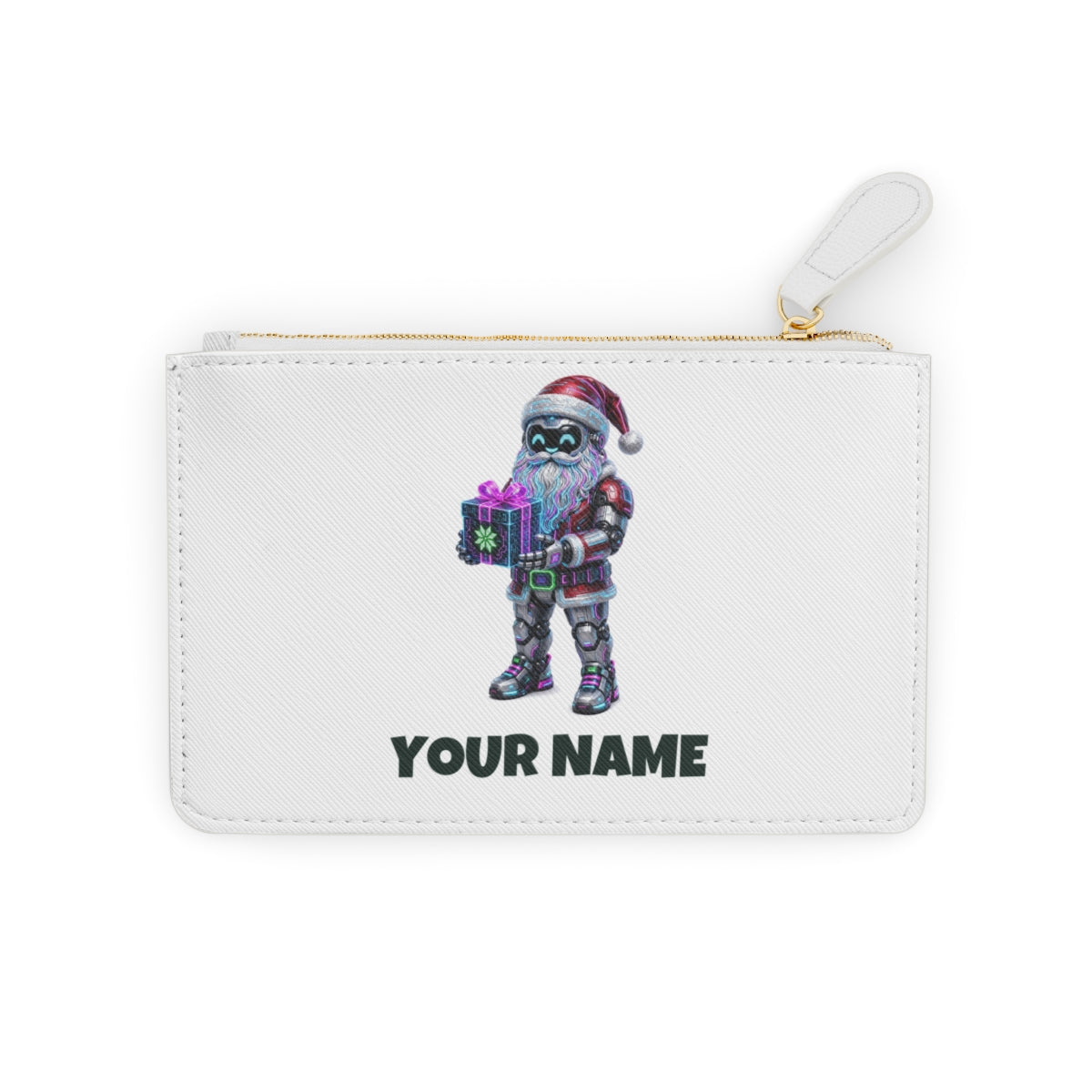 SV mockup: Personalised Mini Clutch Bag, Your Design or Ours, shown with our Neon Robot Santa design and YOUR NAME