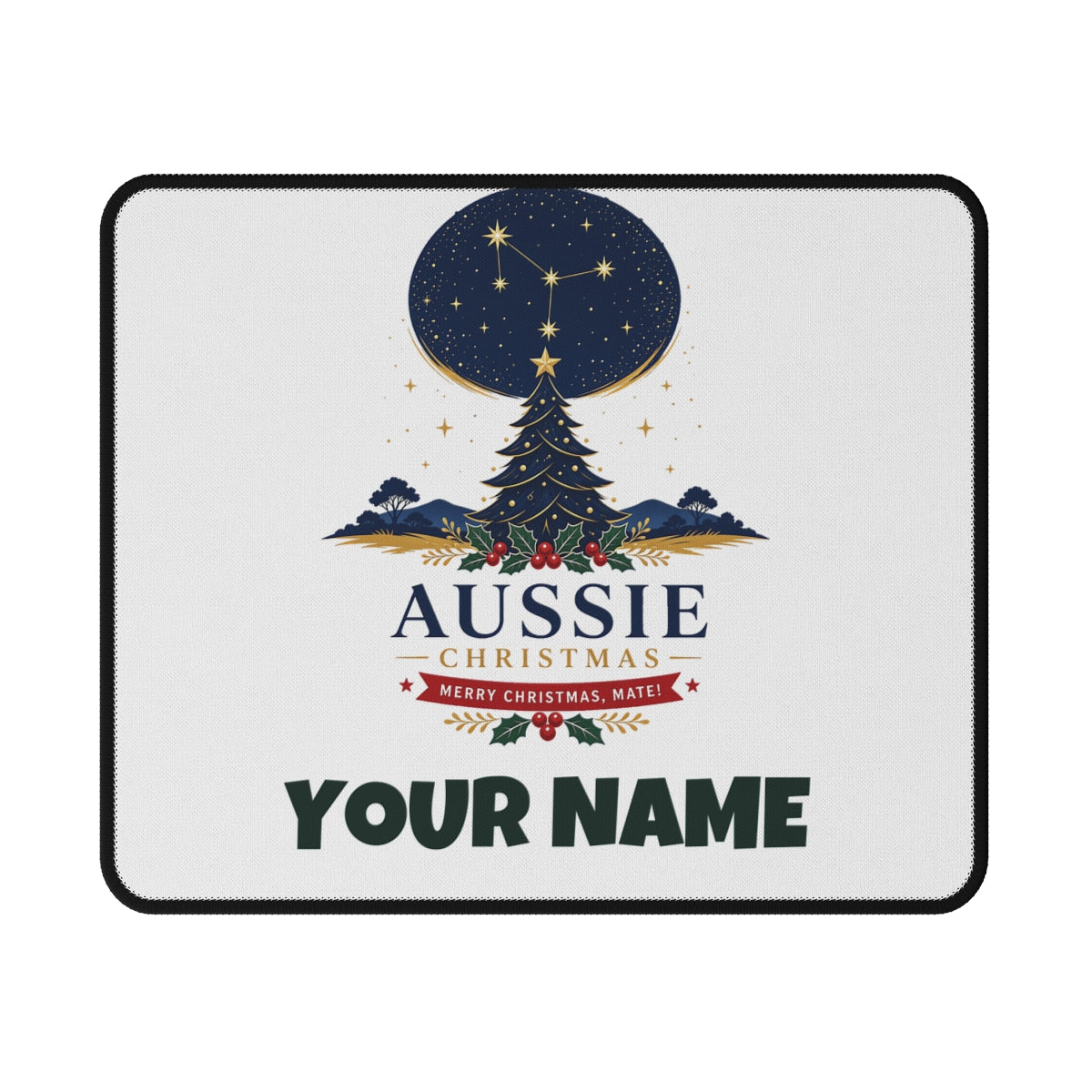 SV mockup: Personalised Mouse Pad, Your Design or Ours, shown with our Southern Cross Christmas Tree design and YOUR NAME