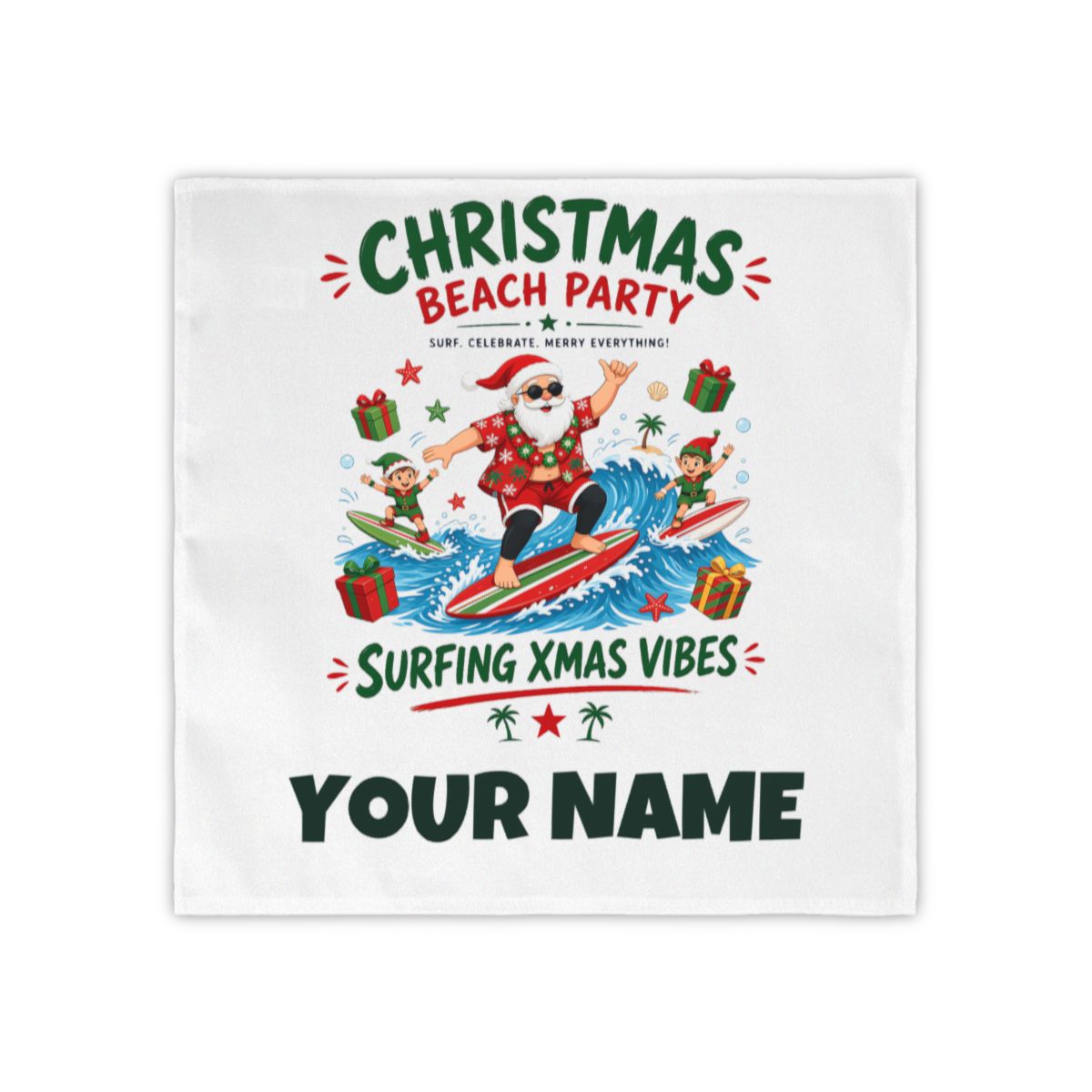 SV mockup: Personalised Napkins, Set of 4, Your Design or Ours, shown with our Christmas Beach Party design and YOUR NAME