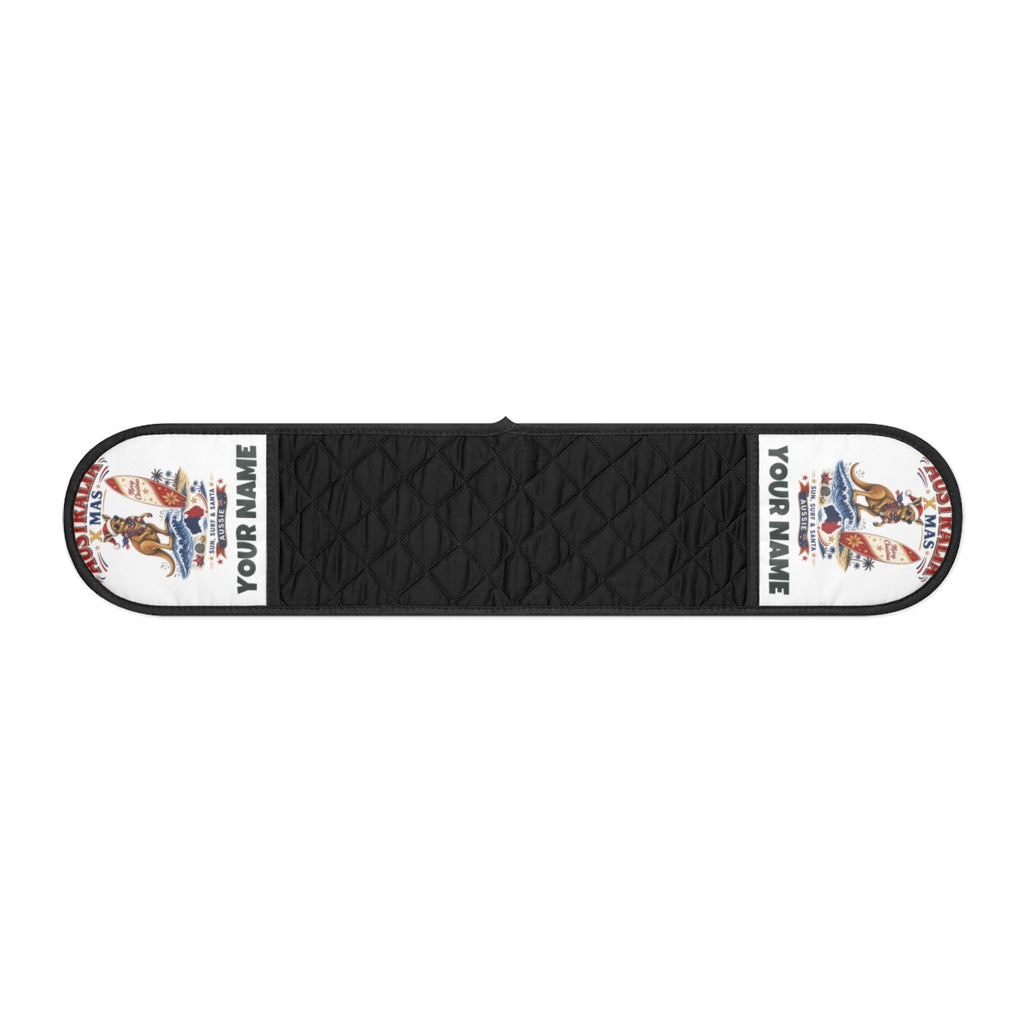 SV mockup: Personalised Oven Mitt, Your Design or Ours, shown with our Surfing Kangaroo Christmas design and YOUR NAME