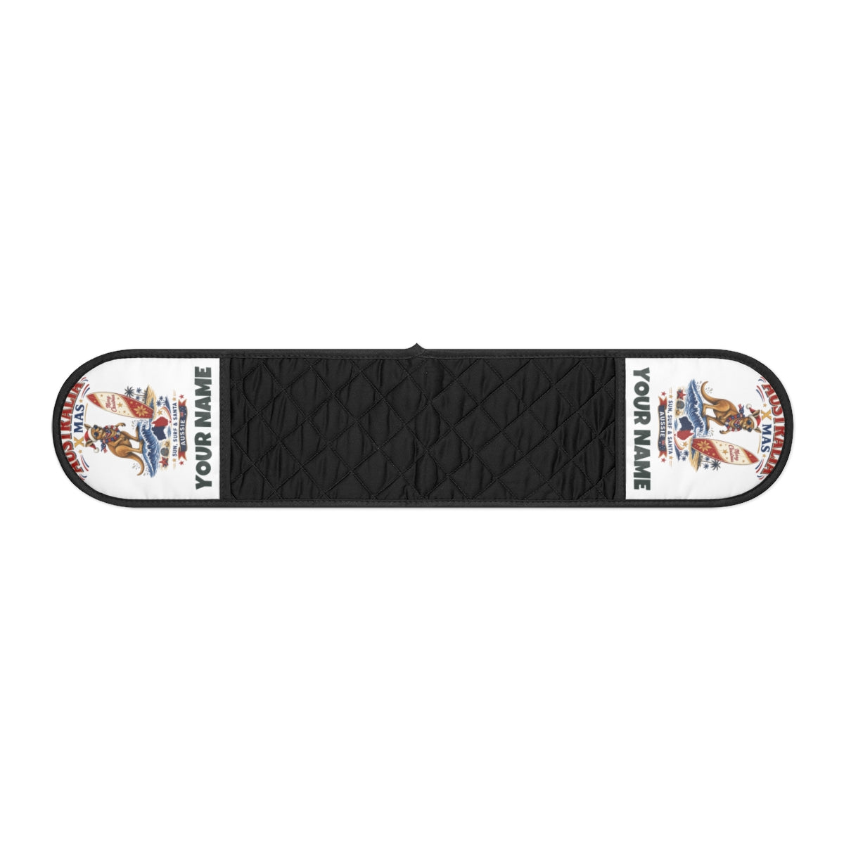 SV mockup: Personalised Oven Mitt, Your Design or Ours, shown with our Surfing Kangaroo Christmas design and YOUR NAME
