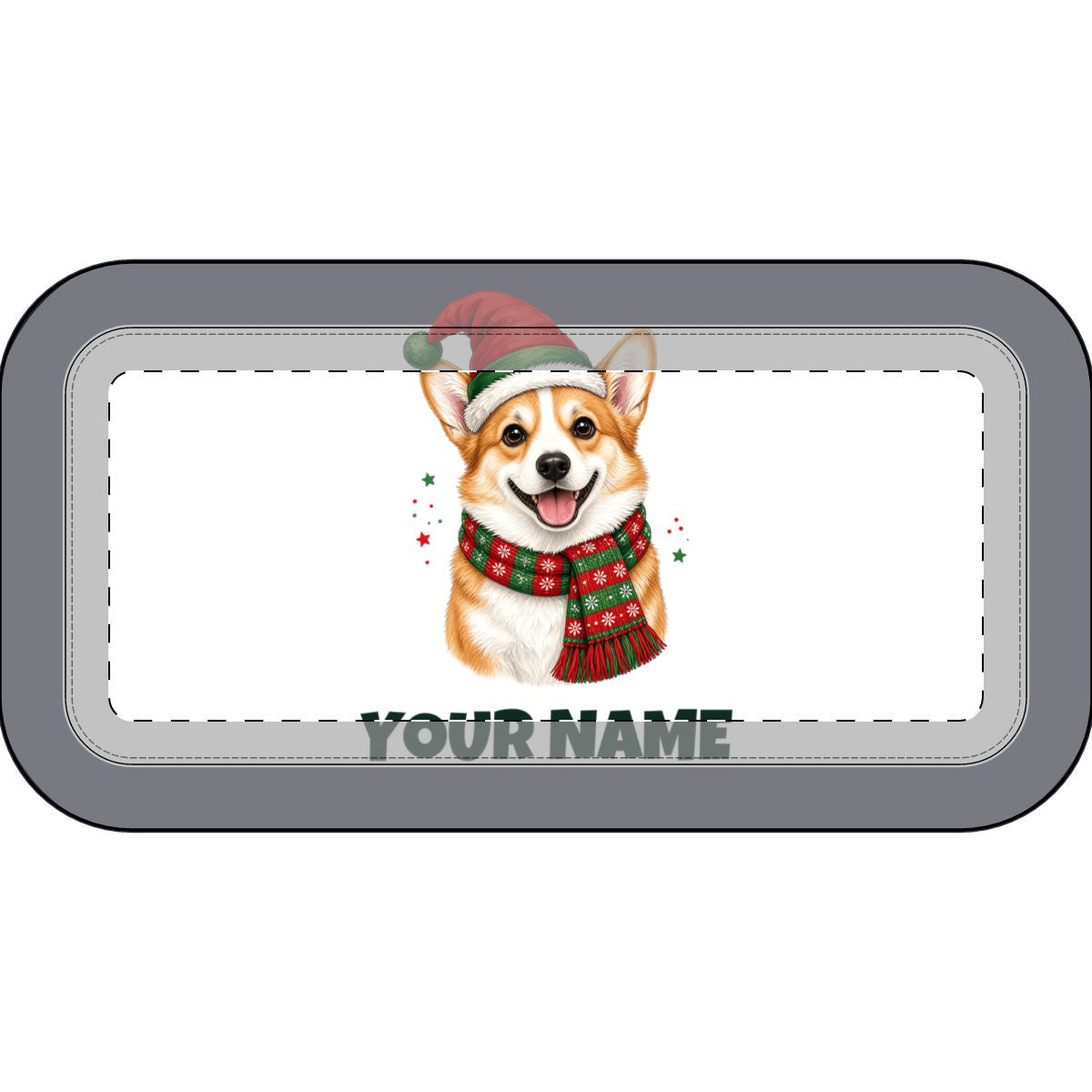 SV mockup: Personalised Pencil Case, Your Design or Ours, shown with our Festive Corgi Santa Hat design and YOUR NAME