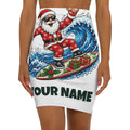 SV mockup: Personalised Pencil Skirt, Your Design or Ours, shown with our Surfing Santa Hang Loose design and YOUR NAME