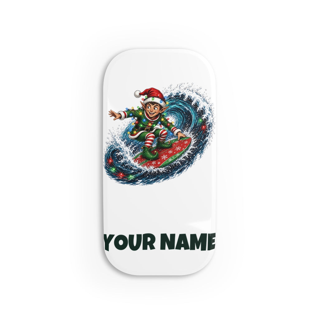 SV mockup: Personalised Phone Grip, Your Design or Ours, shown with our Elf Surfing The Lights design and YOUR NAME
