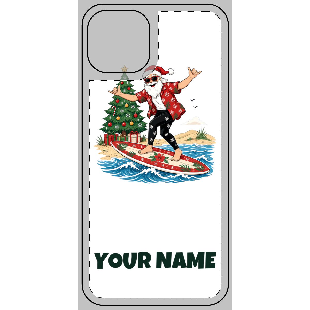 SV mockup: Personalised Phone Skin, Your Design or Ours, shown with our Santa Hang Ten design and YOUR NAME