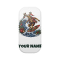 SV mockup: Personalised Phone Stand, Your Design or Ours, shown with our Reindeer On A Longboard design and YOUR NAME