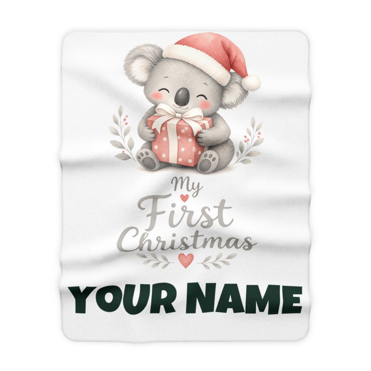SV mockup: Personalised Sherpa Fleece Blanket, Your Design or Ours, shown with our Koalas First Christmas design and YOUR NAME