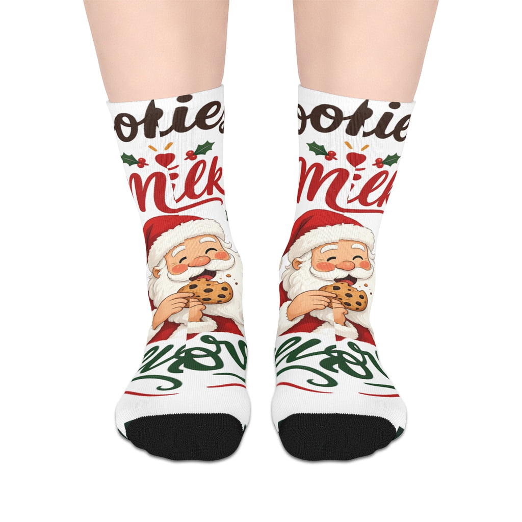 SV mockup: Personalised Socks, Your Design or Ours, shown with our Cookies And Milk Santa design and YOUR NAME