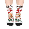 SV mockup: Personalised Socks, Your Design or Ours, shown with our Cookies And Milk Santa design and YOUR NAME