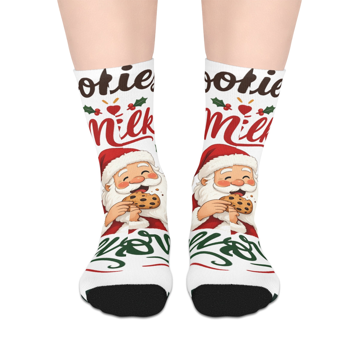 SV mockup: Personalised Socks, Your Design or Ours, shown with our Cookies And Milk Santa design and YOUR NAME