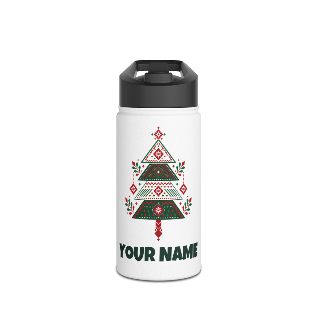 SV mockup: Personalised Stainless Steel Water Bottle, Your Design or Ours, shown with our Nordic Folk Christmas Tree design and YOUR NAME