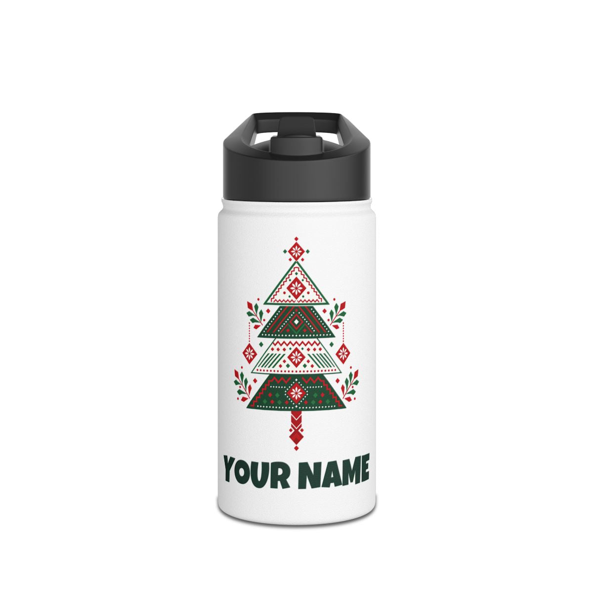 SV mockup: Personalised Stainless Steel Water Bottle, Your Design or Ours, shown with our Nordic Folk Christmas Tree design and YOUR NAME