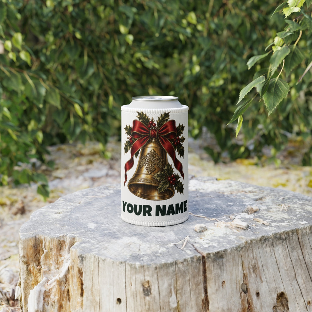 SV mockup: Personalised Stubby Cooler, Your Design or Ours, shown with our Golden Bell And Holly design and YOUR NAME