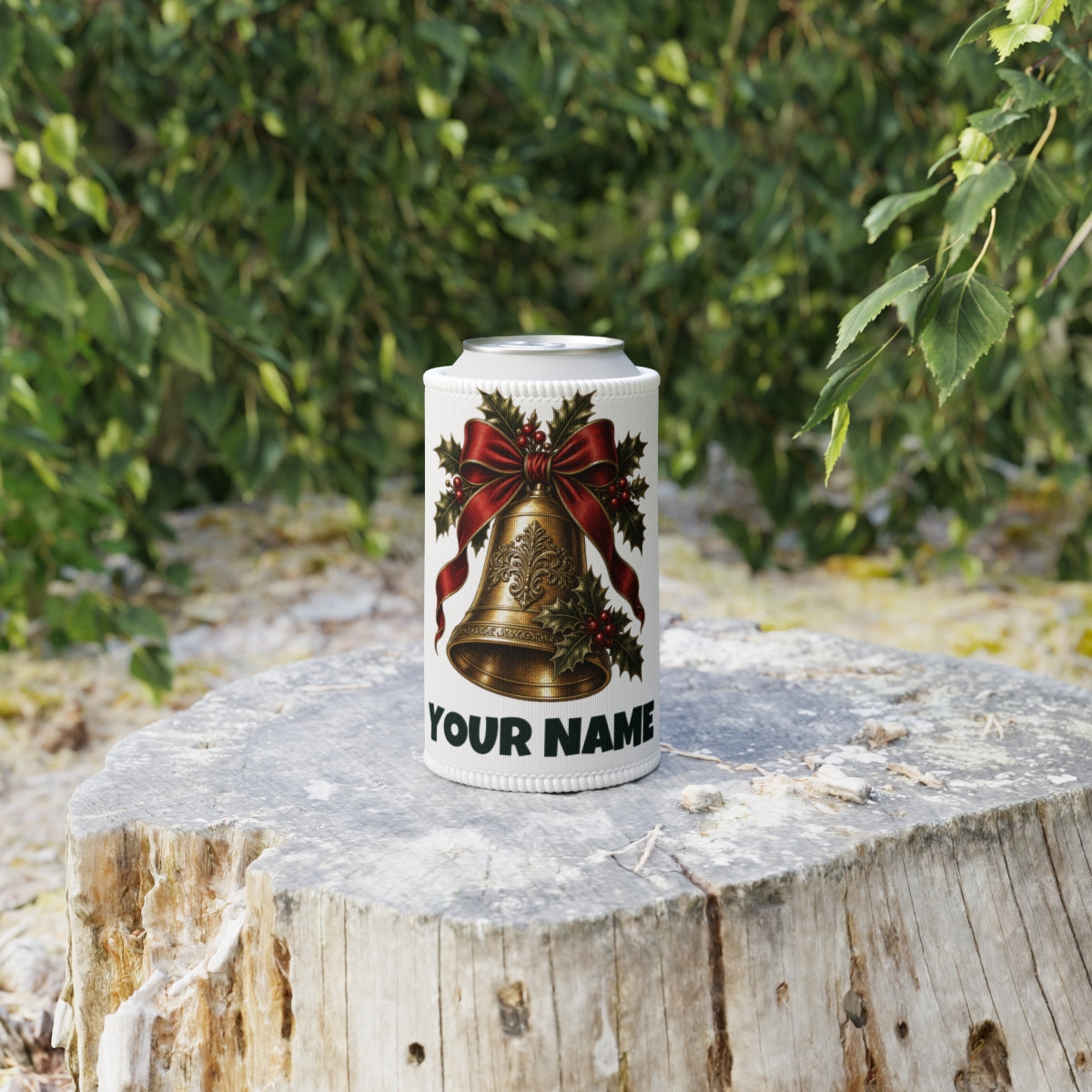 SV mockup: Personalised Stubby Cooler, Your Design or Ours, shown with our Golden Bell And Holly design and YOUR NAME