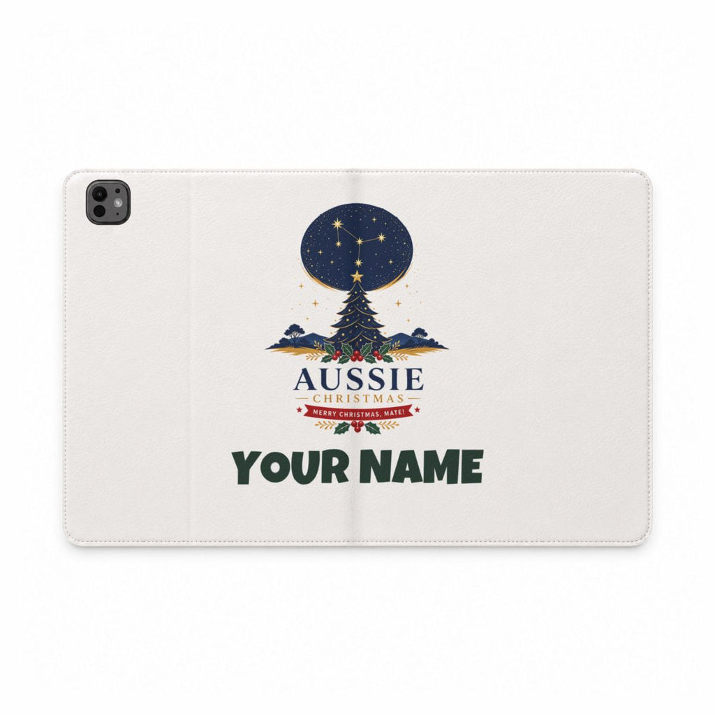 SV mockup: Personalised Tablet Folio Case, Your Design or Ours, shown with our Southern Cross Christmas Tree design and YOUR NAME