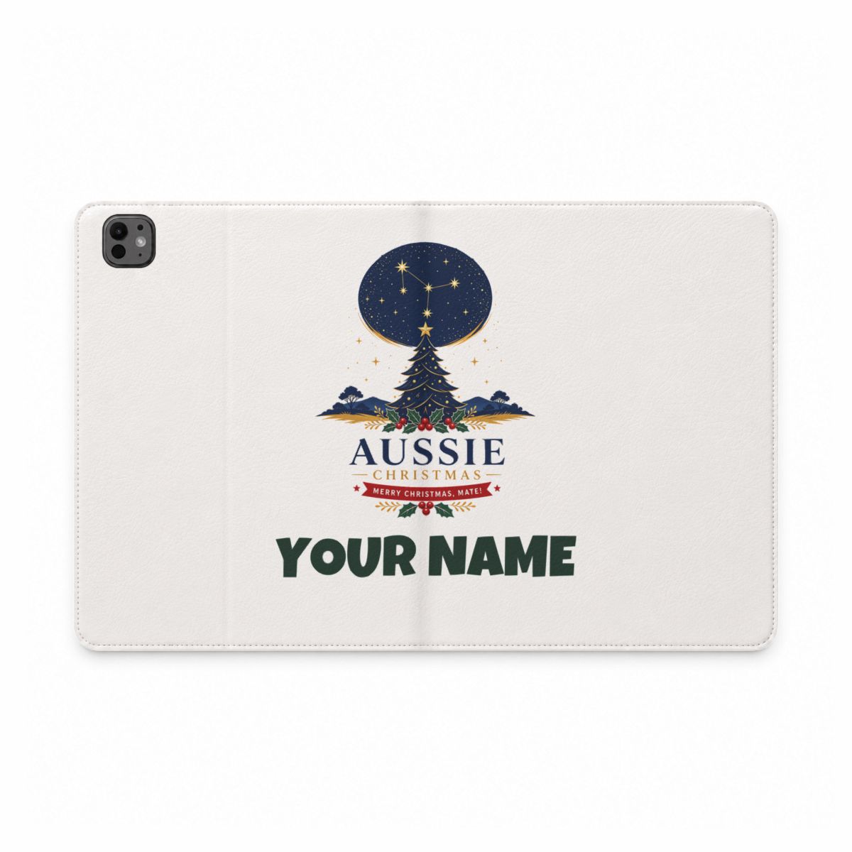 SV mockup: Personalised Tablet Folio Case, Your Design or Ours, shown with our Southern Cross Christmas Tree design and YOUR NAME