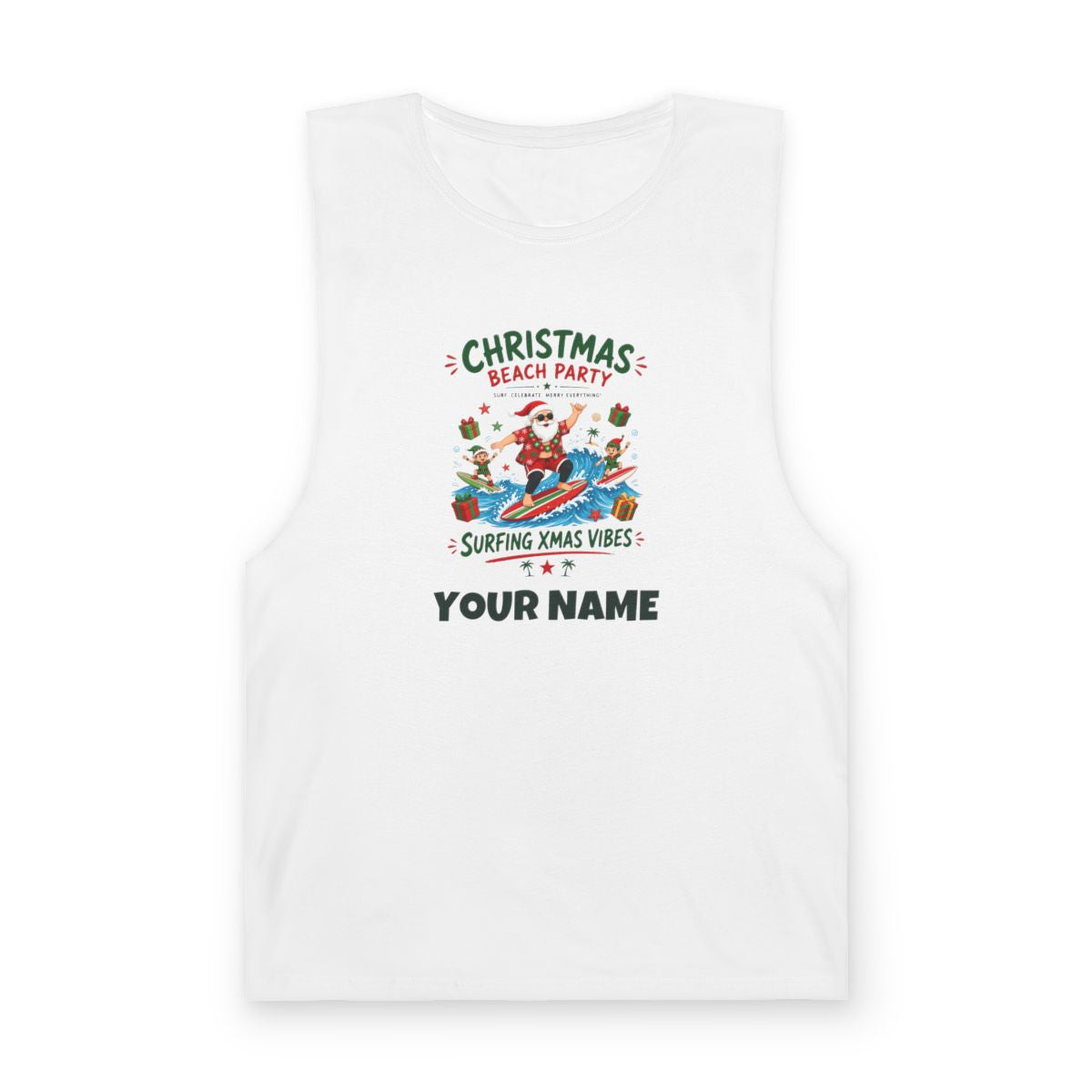 SV mockup: Personalised Tank Top, Your Design or Ours, shown with our Christmas Beach Party design and YOUR NAME