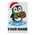 SV mockup: Personalised Waffle Tea Towel, Your Design or Ours, shown with our Penguin With A Present design and YOUR NAME