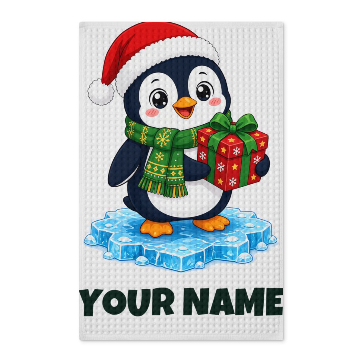 SV mockup: Personalised Waffle Tea Towel, Your Design or Ours, shown with our Penguin With A Present design and YOUR NAME