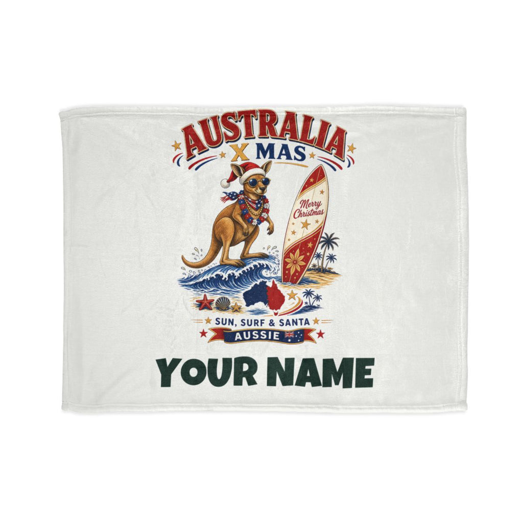 SV mockup: Personalised Soft Throw Blanket, Your Design or Ours, shown with our Surfing Kangaroo Christmas design and YOUR NAME