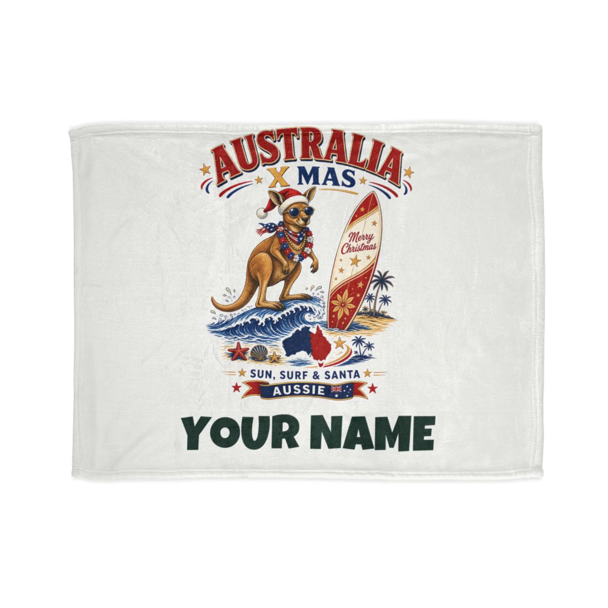 SV mockup: Personalised Soft Throw Blanket, Your Design or Ours, shown with our Surfing Kangaroo Christmas design and YOUR NAME