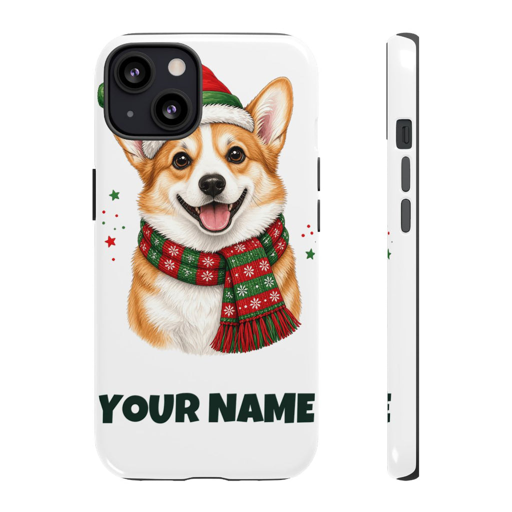 SV mockup: Personalised Tough Phone Case, Your Design or Ours, shown with our Festive Corgi Santa Hat design and YOUR NAME