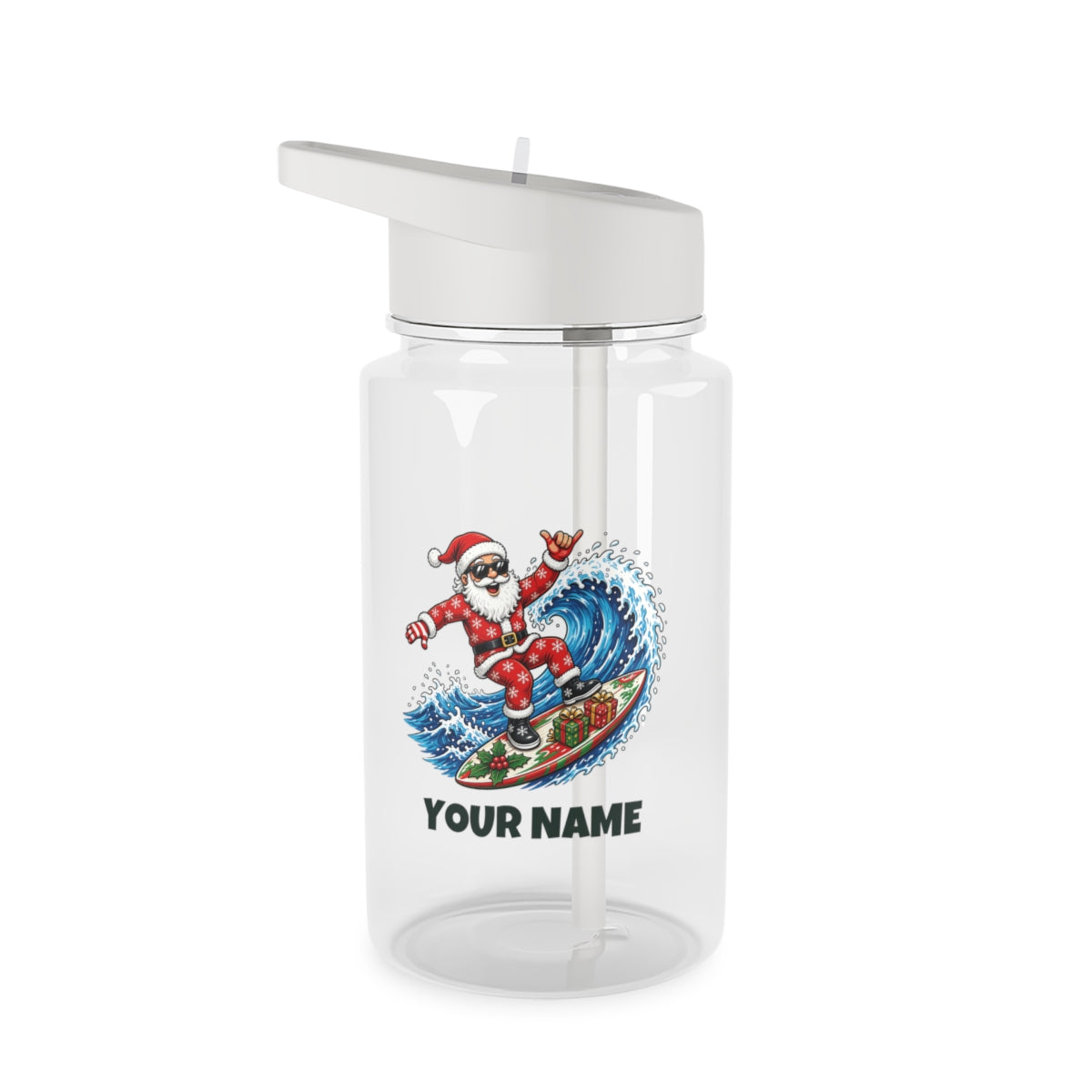 SV mockup: Personalised Tritan Water Bottle, Your Design or Ours, shown with our Surfing Santa Hang Loose design and YOUR NAME