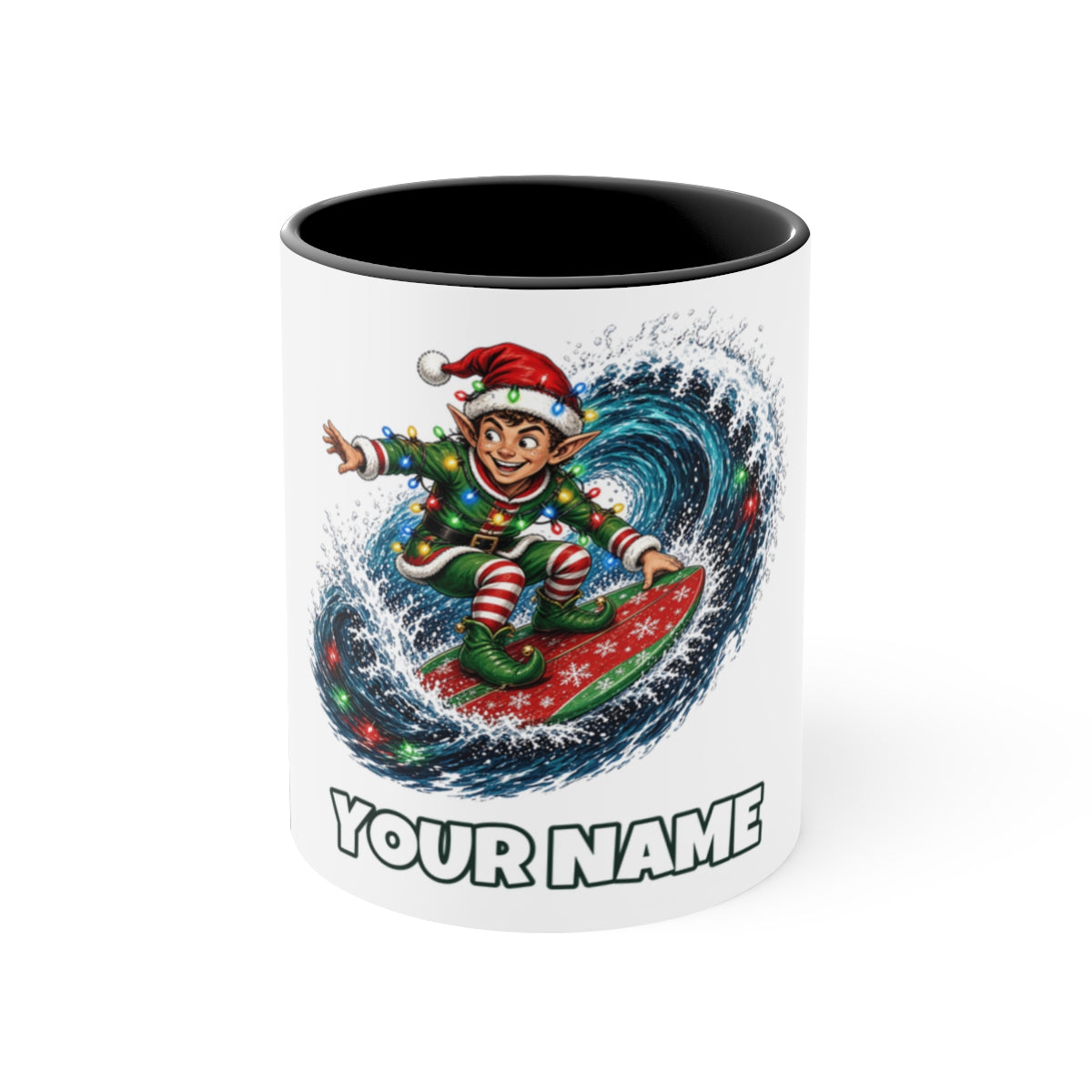 SV mockup: Personalised Two Tone Mug, Your Design or Ours, shown with our Elf Surfing The Lights design and YOUR NAME