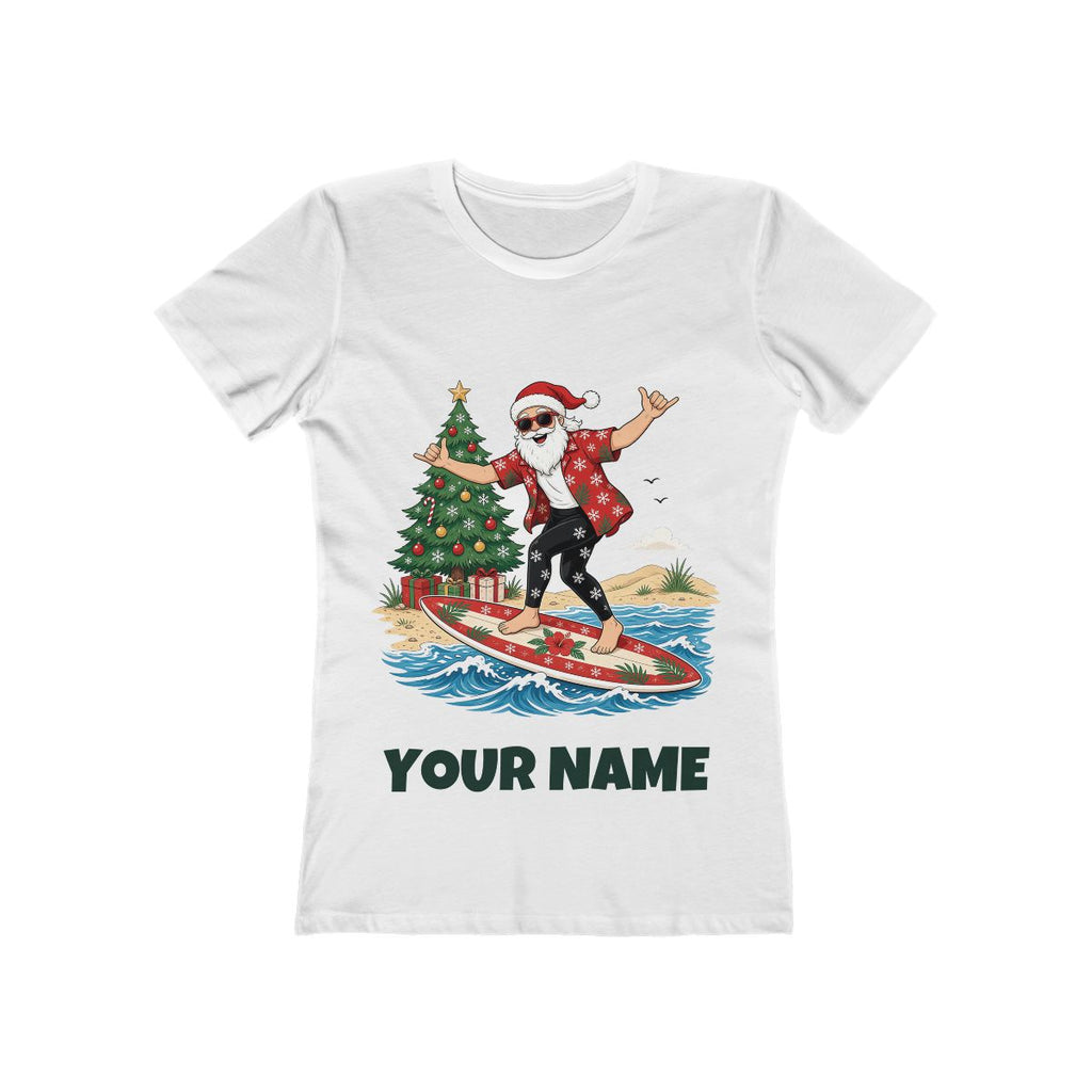 SV mockup: Personalised Women's Boyfriend Tee, Your Design or Ours, shown with our Santa Hang Ten design and YOUR NAME