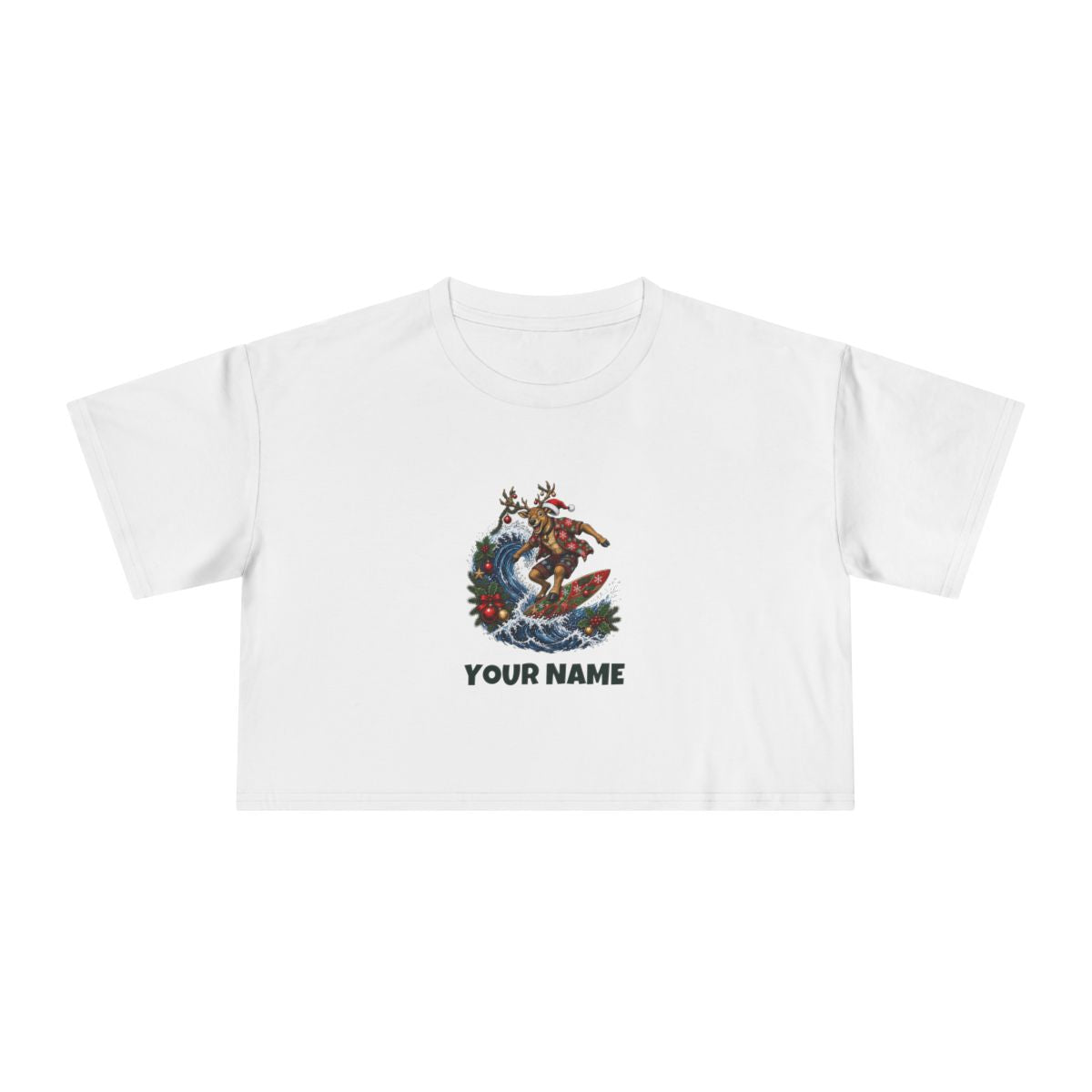 SV mockup: Personalised Women's Crop Tee, Your Design or Ours, shown with our Reindeer On A Longboard design and YOUR NAME