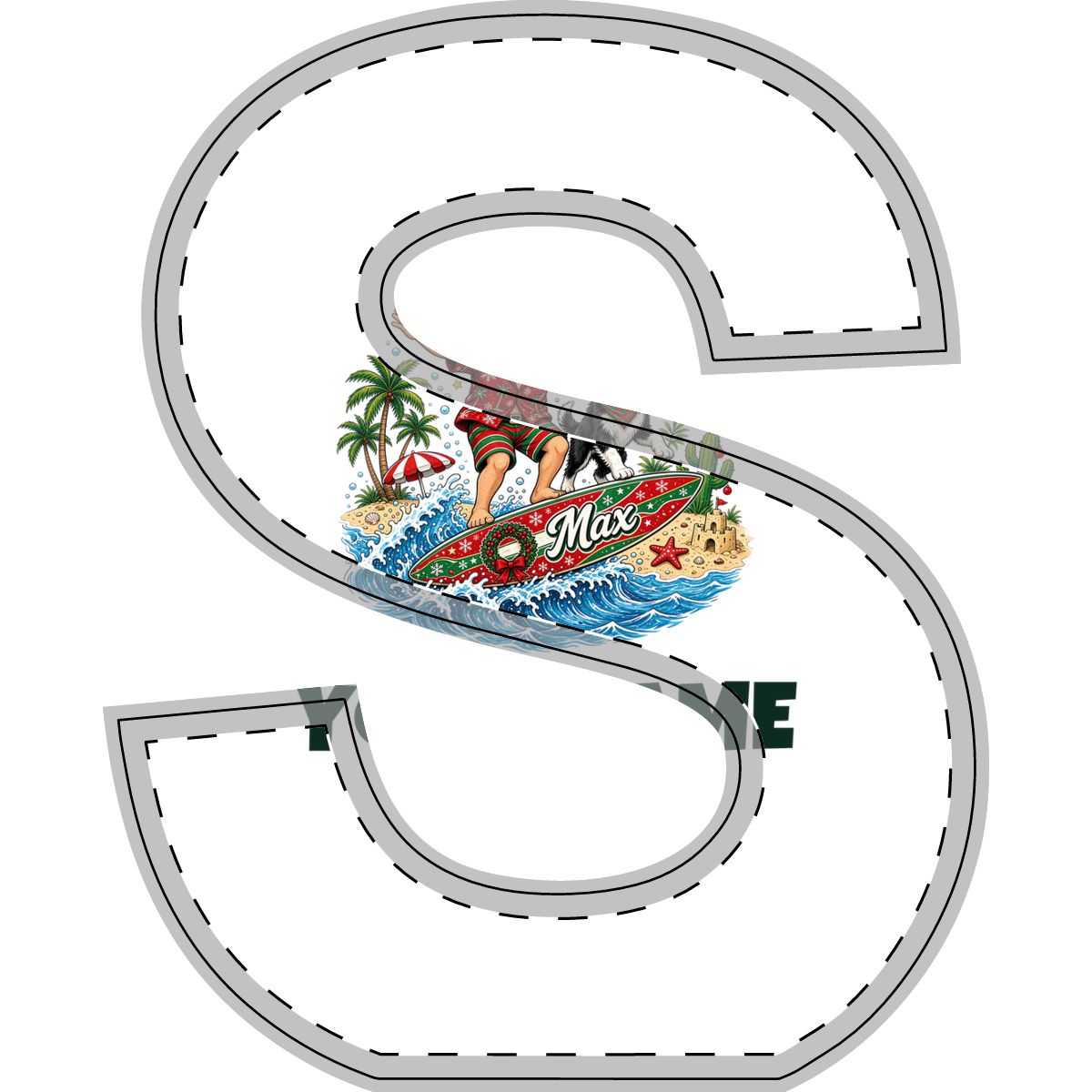 SV mockup: Personalised Freestanding Wooden Letter, Your Design or Ours, shown with our Santa And The Dog On Tour design and YOUR NAME