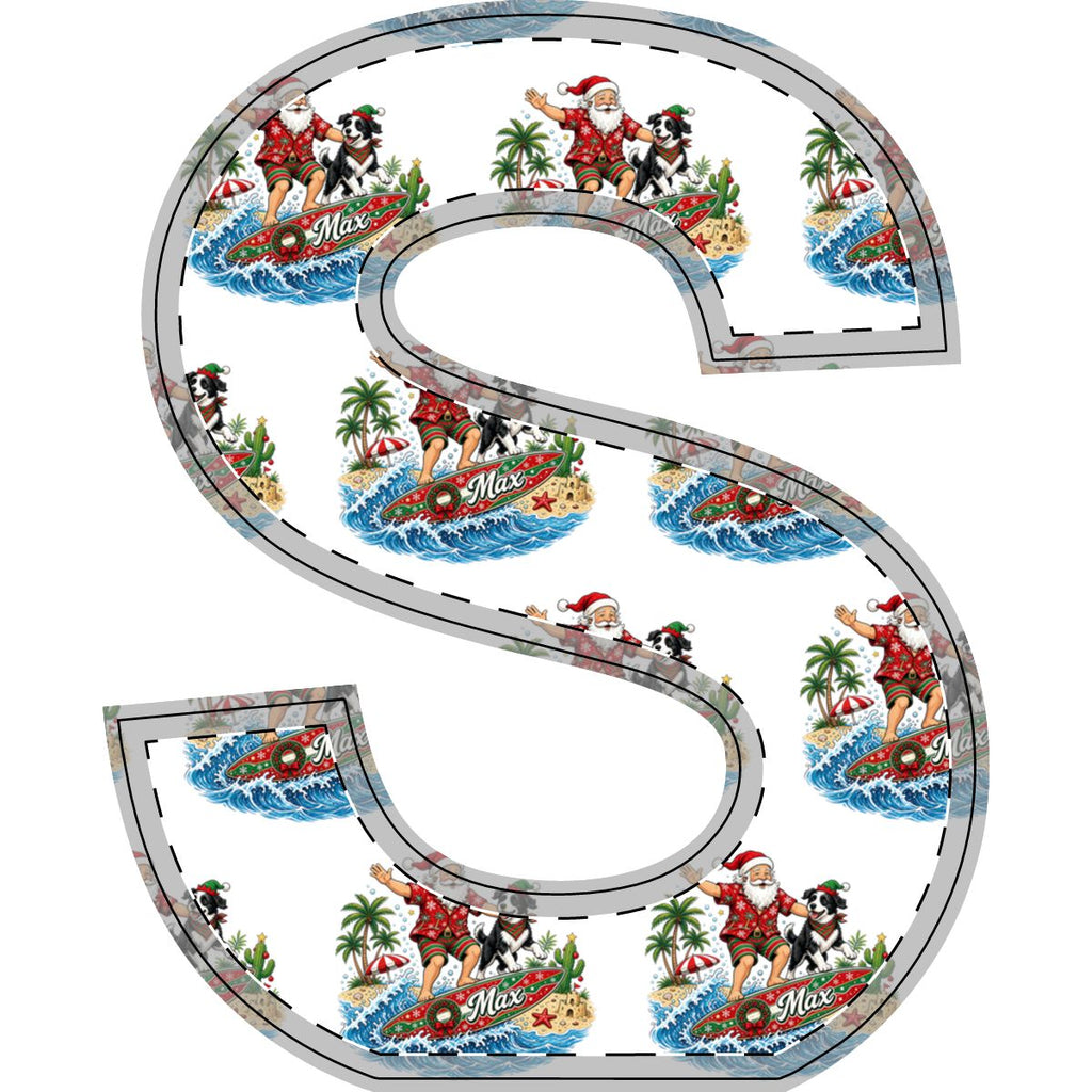SV mockup: Personalised Freestanding Wooden Letter, Your Design or Ours, shown with our Santa And The Dog On Tour design and YOUR NAME