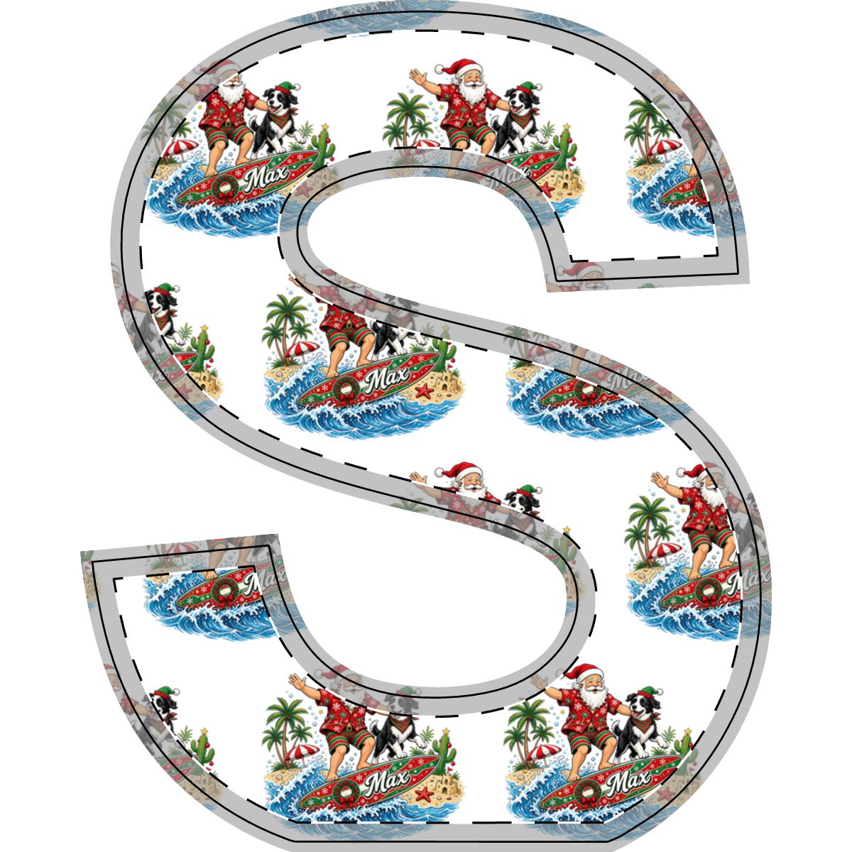 SV mockup: Personalised Freestanding Wooden Letter, Your Design or Ours, shown with our Santa And The Dog On Tour design and YOUR NAME