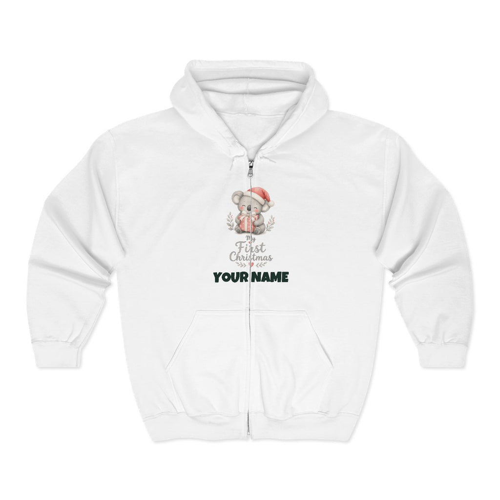 SV mockup: Personalised Zip Hoodie, Your Design or Ours, shown with our Koalas First Christmas design and YOUR NAME