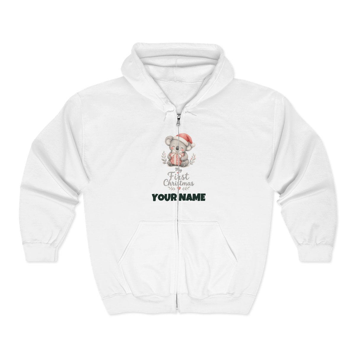 SV mockup: Personalised Zip Hoodie, Your Design or Ours, shown with our Koalas First Christmas design and YOUR NAME