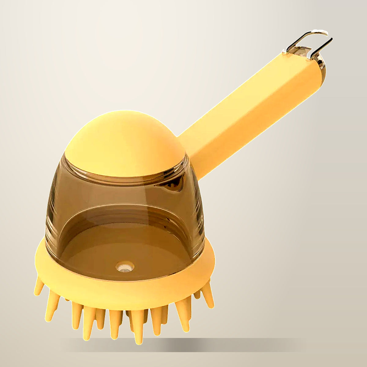 Pet Bath Massage Brush with Shampoo Dispenser, Yellow, on a plain cream background